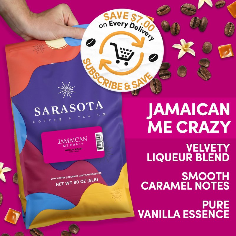 Sarasota Coffee Whole Bean Jamaican Me Crazy | Medium Roast Gourmet Flavored Coffee Beans | Low Acid, Mold Free, Specialty Grade Bulk Beans | 5lb (80 oz)