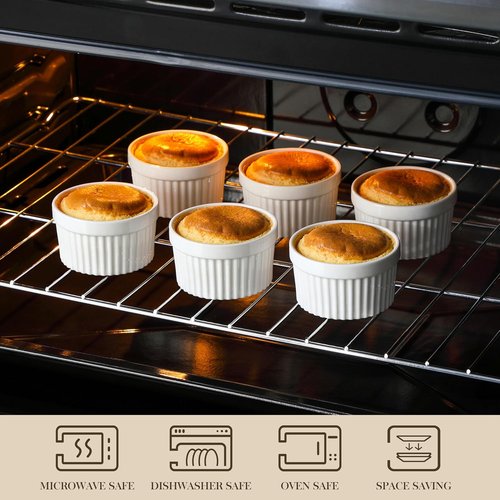 MALACASA Ramekins - 6 Oz Oven Safe Porcelain Baking Cups | Set of 6 White Creme Brulee Dishes