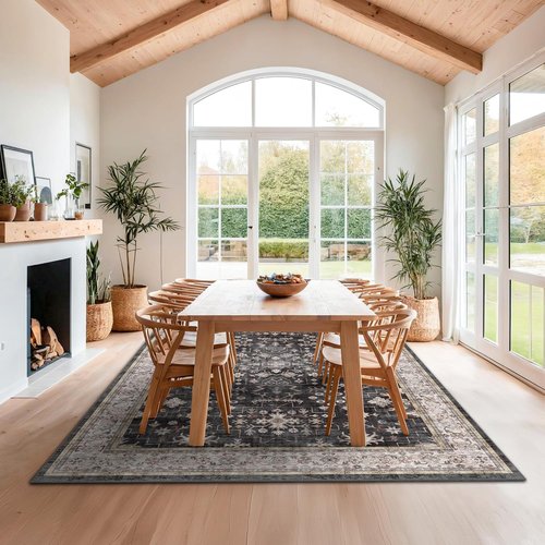 Boho Black Area Rug by [Brand Name] - Washable 10x12 Soft Low Pile Carpet for Living Room & Dining Room | Non-Slip & Stain Resistant