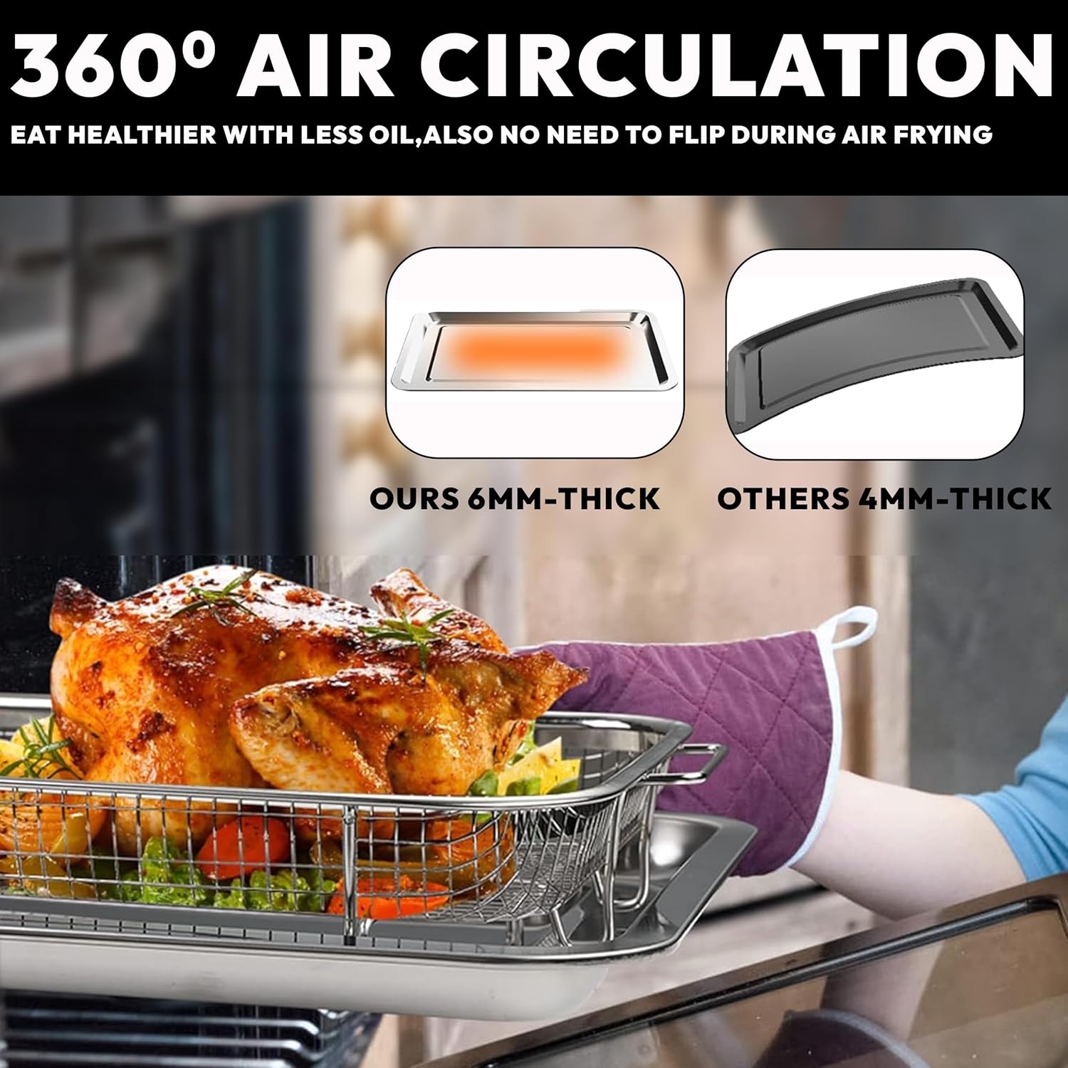 OvenCrisp Air Fryer Basket - 15.6" X 11.6" Large Stainless Steel Pan & Crisper Tray Set with 30 Parchment Papers
