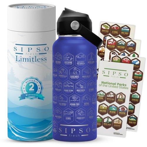 SIPSO fresh Hiking Gift Water Bottle – 32 oz Vacuum Insulated Stainless Steel National Park Water Bottle | 63 Waterproof Stickers & Premium Gift Box | Camping & Outdoor Adventure Gifts (Light Blue)