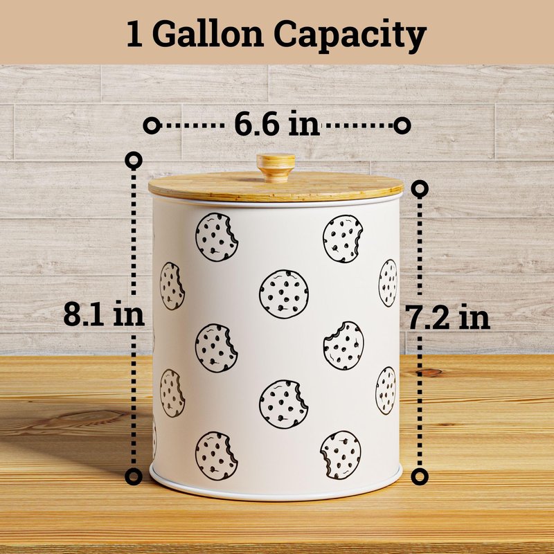 Cookie Jar with Airtight Lid - 1 Gallon - 6.6"D x 8"H White Iron Cookie Tin with Bamboo Lid - Large Cookie Jars with Lids Airtight - Farmhouse Cookie Jars for Kitchen Counter Decorative - Cookies Jar