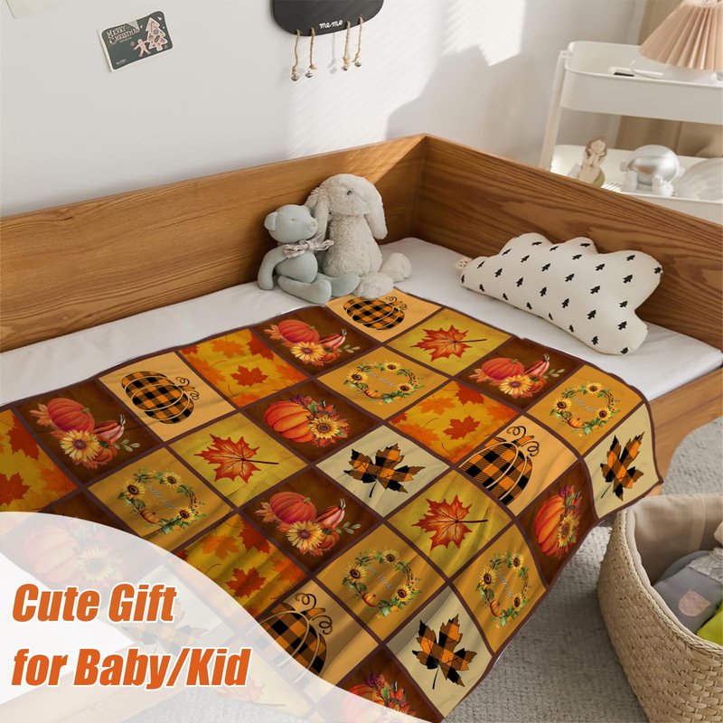 YeeJu Fall Decoraitve Throw Blanket Small Plaid Thanksgiving Autumn Pumpkins Leaf Blanket Kids Child Blanket for Girl Boy Baby Bed Soft Lightweight Fuzzy Fleece Blankets and Throws 40x50