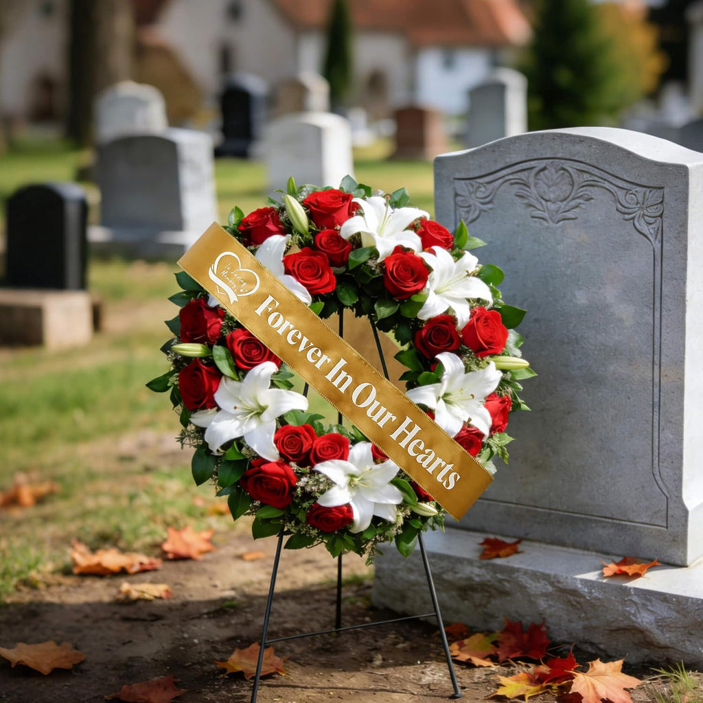 Regine Switzerland Elegant Funeral Wreath Sash - Forever in Our Hearts Memorial Ribbon (Golden)