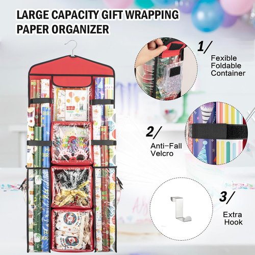 Christmas Wrapping Paper Organizer - Double-Sided Gift Bag Storage Holder | Red Color