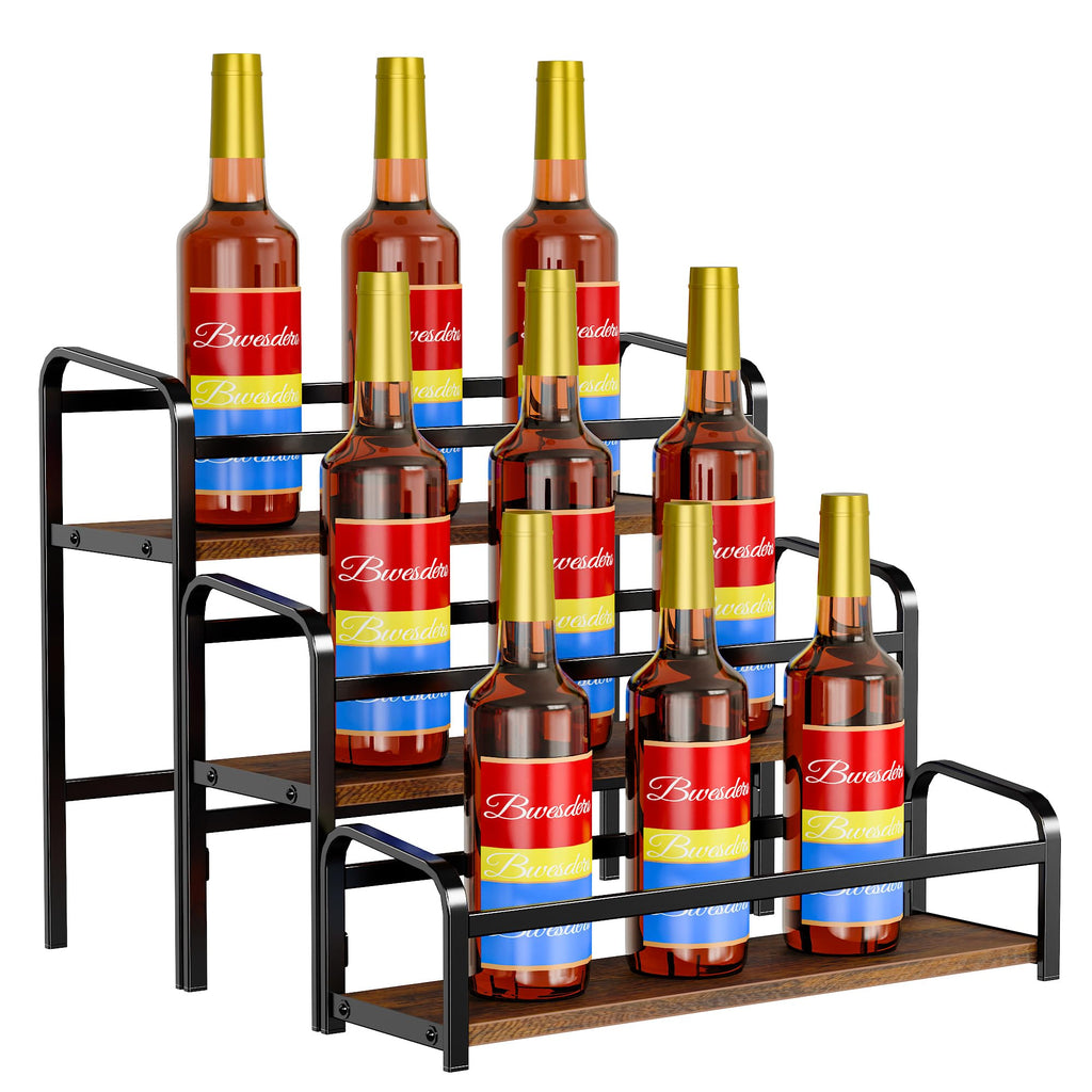 Coffee Syrup Rack Organizer, Wine Racks, Spice Racks, 3-Tier (Magnetic Connection) 12 Bottles Storage Shelves for Syrup Bottle Holder Stand for Coffee Bar, Kitchen Countertop, Rustic Brown & Black