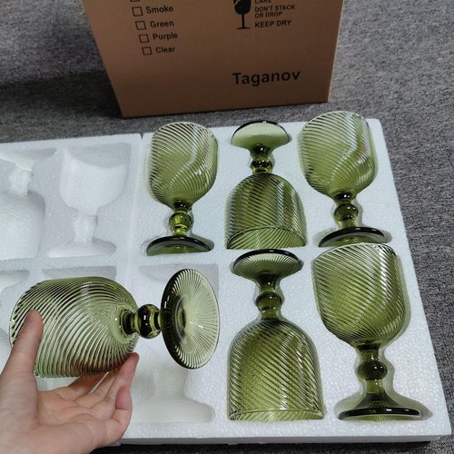 Taganov Green Glasses Drinking Wine Water Goblets Glassware set of 6 Vintage Stem Glasses Stemware 12 Ounces for Wedding Party Bar Twill Pattern Striped 350 ml