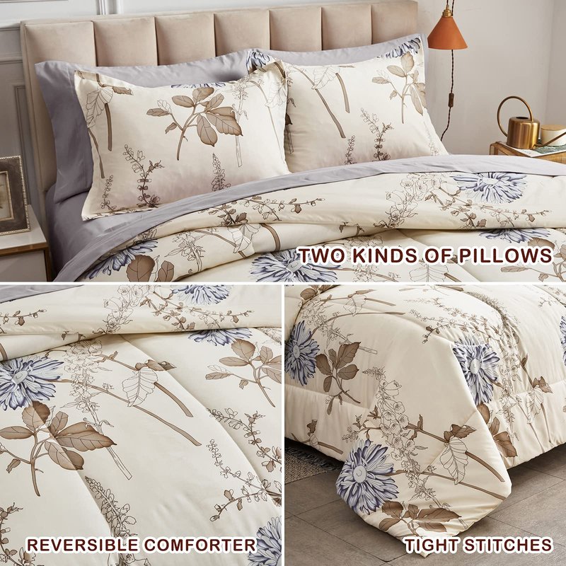 Joyreap 7 Piece Bed in a Bag Queen, Elegant Flower Botanical Smooth Soft Microfiber Floral Comforter Set for All Season (1 Comforter, 2 Pillow Shams, 1 Flat Sheet, 1 Fitted Sheet, 2 Pillowcases)