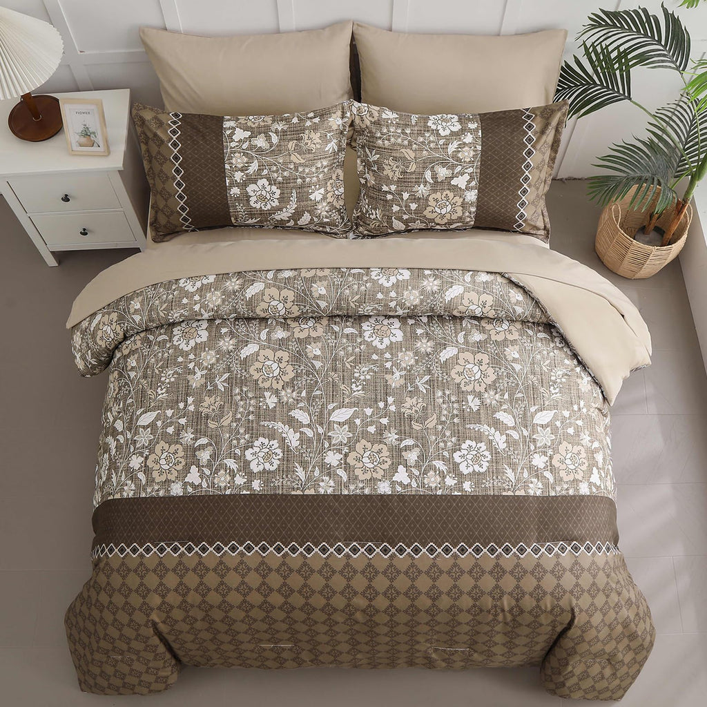 WONGS BEDDING Brown Comforter Set Queen, 7 Pieces Bed in a Bag Floral Patchwork Soft Microfiber Queen Sheet Set with Comforter, Flat Sheet, Fitted Sheet, Pillow Shams,Pillowcases