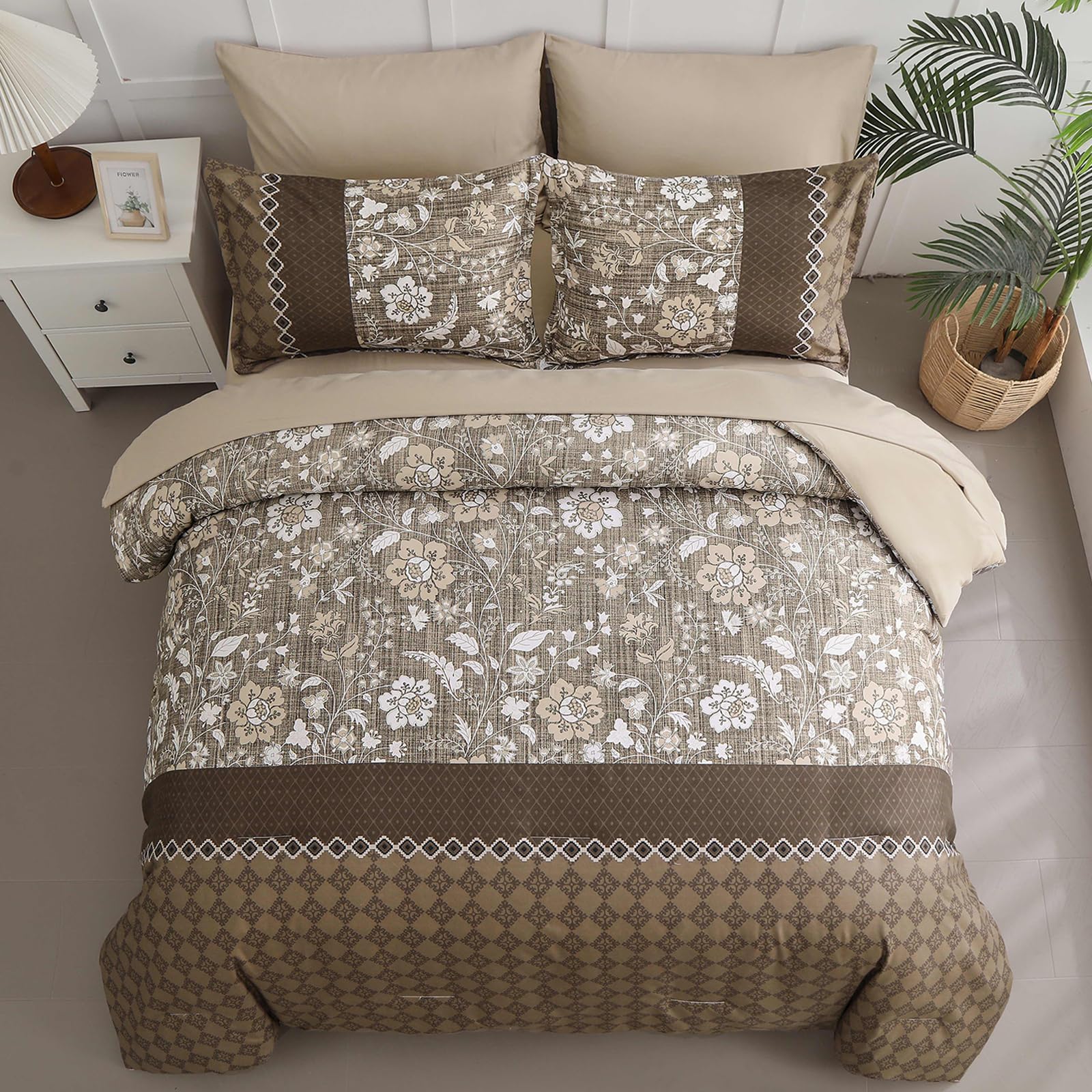 WONGS BEDDING Brown Comforter Set Queen, 7 Pieces Bed in a Bag Floral Patchwork Soft Microfiber Queen Sheet Set with Comforter, Flat Sheet, Fitted Sheet, Pillow Shams,Pillowcases