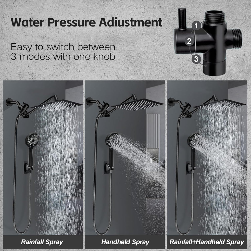 Skiennix 10” Rain Shower Head - High Pressure Handheld Spray Combo with Adjustable Arm | Matt Black