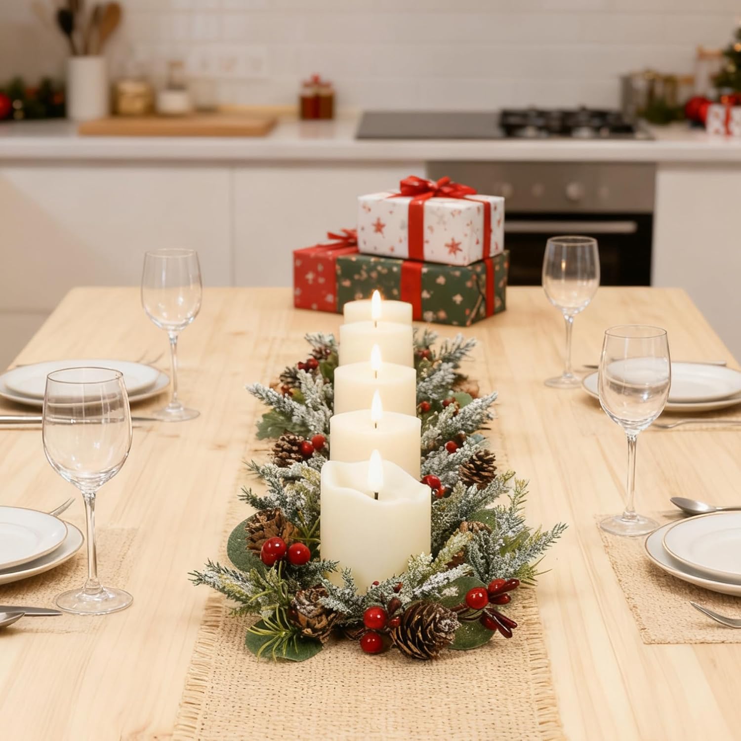 Skiennix Christmas Candle Rings - Mini Wreaths with Snowy Pinecone & Red Berry - Set of 6 (Red)