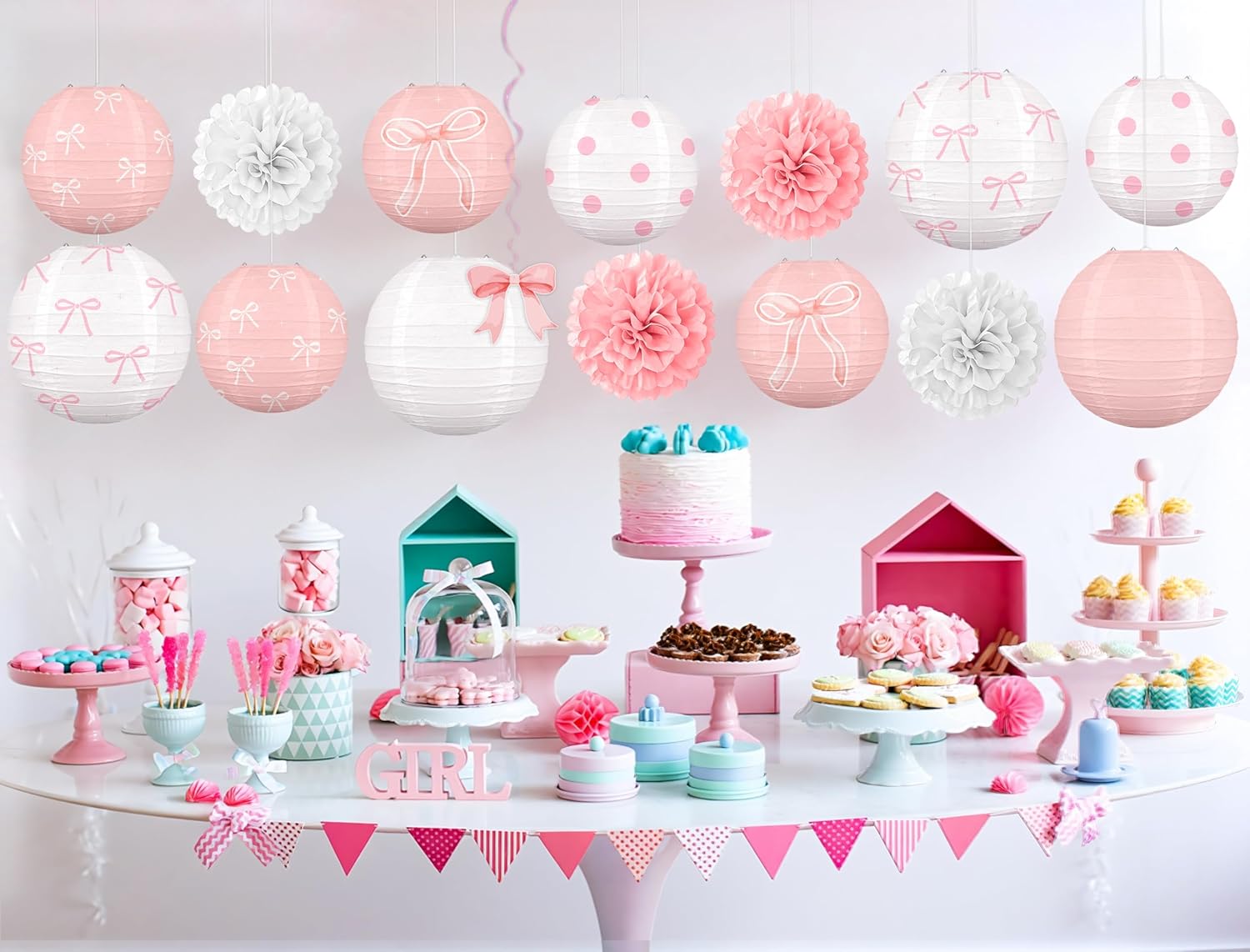 Skiennix 15Pcs Pink Bow Paper Lanterns - Birthday Party Decorations for Girls & Baby Showers