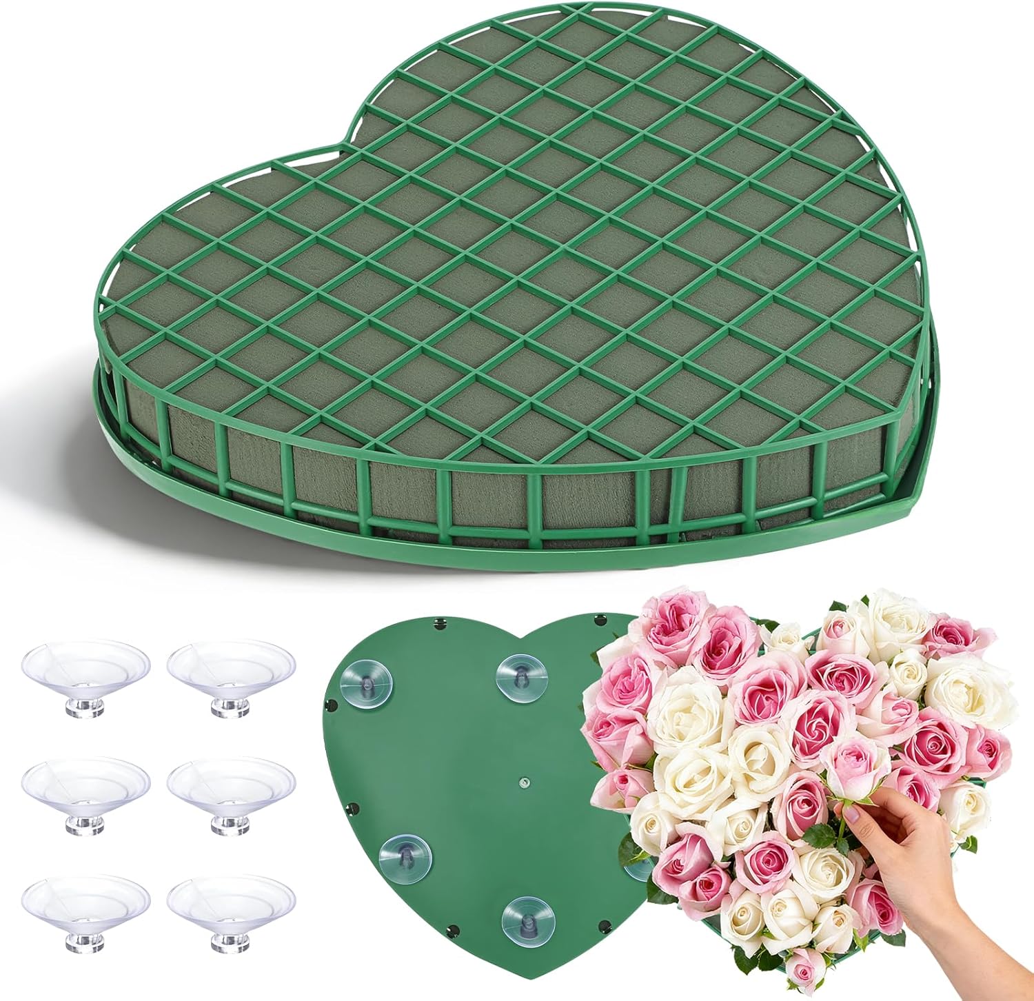 STOBOK Floral Foam Hearts - Heart Shaped Floral Foam Cage with 5 Suction Cups for Weddings & DIY Decor | Green, 12.2 x 11.4 in