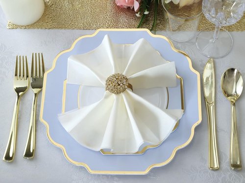 " OCCASIONS " 40 Plates Pack, Heavyweight Disposable Wedding Party Plastic Plates (10.5'' Dinner Plate, Imperial in White/Blue & Gold)