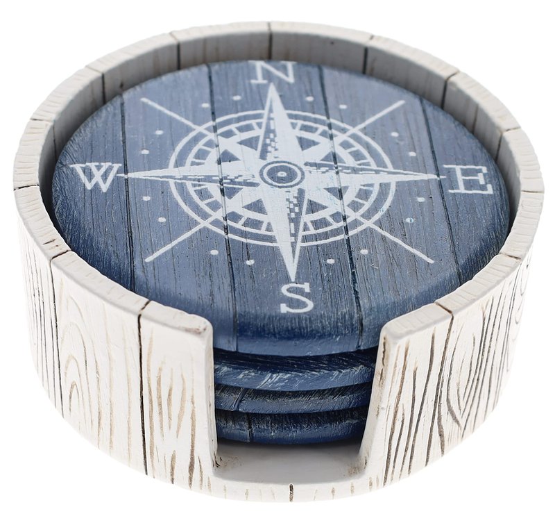 Compass Rose Coaster Set - Nautical Ocean Beach Boat Coastal Decor - Rustic Weathered Blue/White Finish