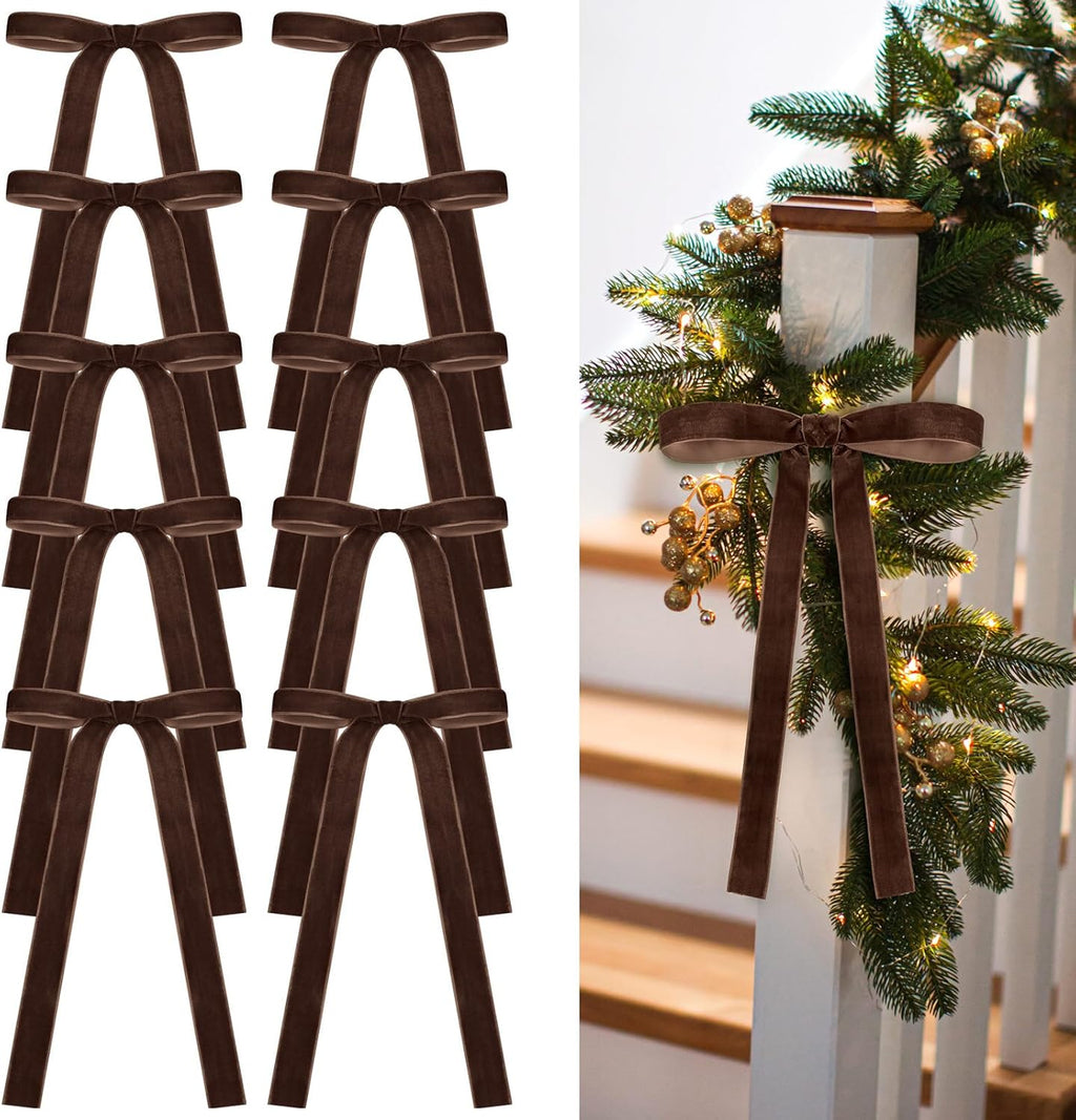 Skiennix 24 Pcs Velvet Bows - Vintage Ribbon Bows for Christmas Tree & Crafts | Chocolate Brown (9 x 13 Inch)