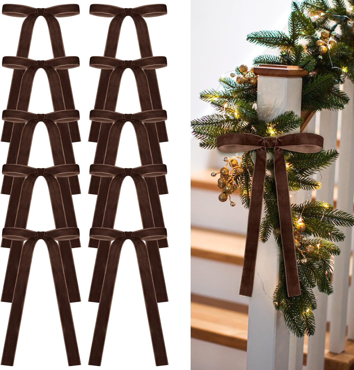 Skiennix 24 Pcs Velvet Bows - Vintage Ribbon Bows for Christmas Tree & Crafts | Chocolate Brown (9 x 13 Inch)