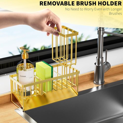 Cisily Gold Kitchen Sink Caddy Organizer - Rustproof Stainless Steel with Brush & Sponge Holder | Home Decor