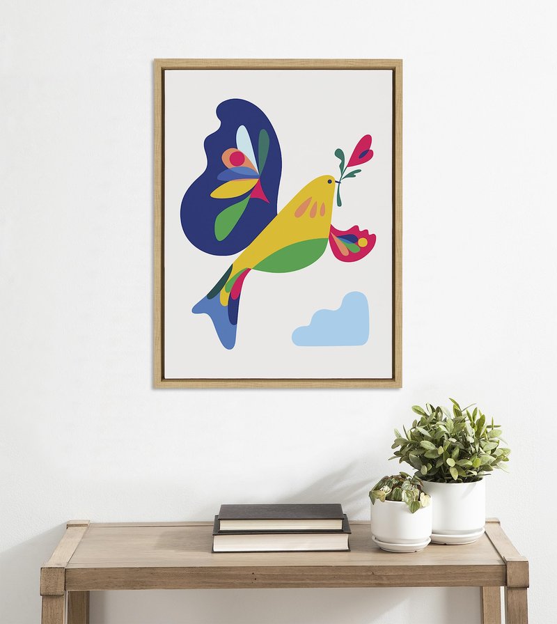Kate and Laurel Sylvie Peace Dove Framed Canvas Wall Art by Rachel Lee of My Dream Wall; 18x24 Natural; Modern Colorful Geometric Animal Bird Art for Wall