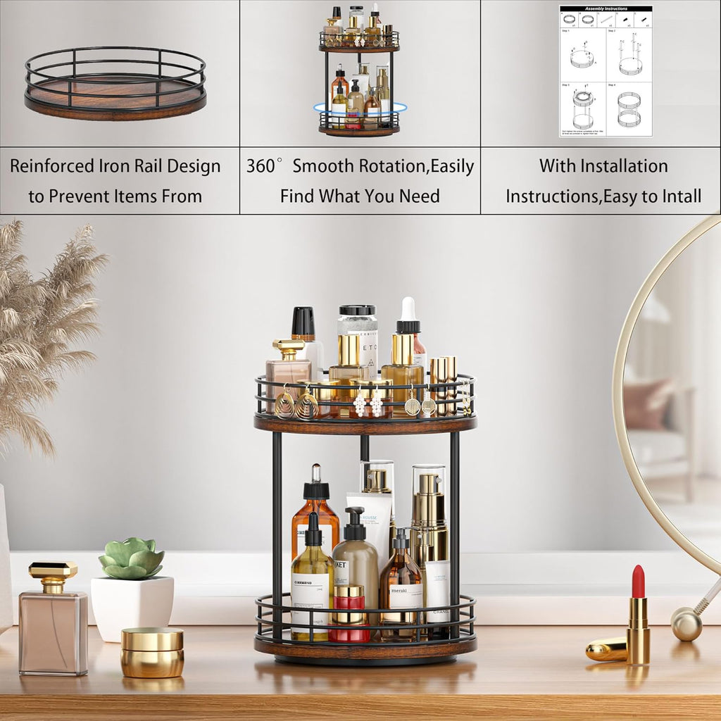 Skiennix 2-Tier Rotating Makeup Organizer - Wooden Bathroom Countertop Storage Shelf | Brown