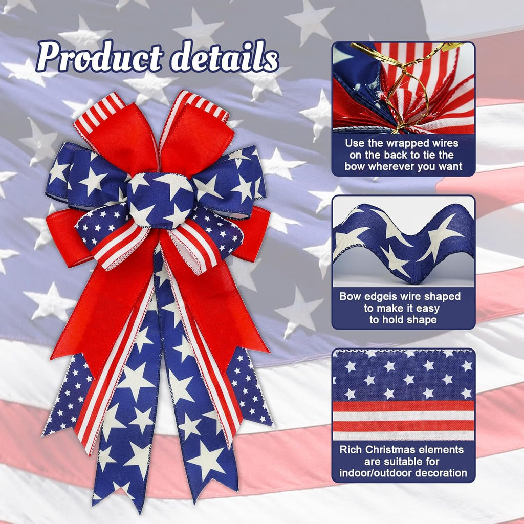 Skiennix Large Patriotic 4th of July Bows - Pre-Tied Wired Ribbon Bows, 20x11 Inch, 2 Pack for Outdoor Decor