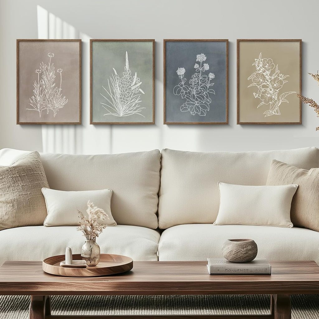 Skiennix Framed Boho Botanical Wall Art - 4 Piece Rustic Floral Canvas Set for Modern Decor
