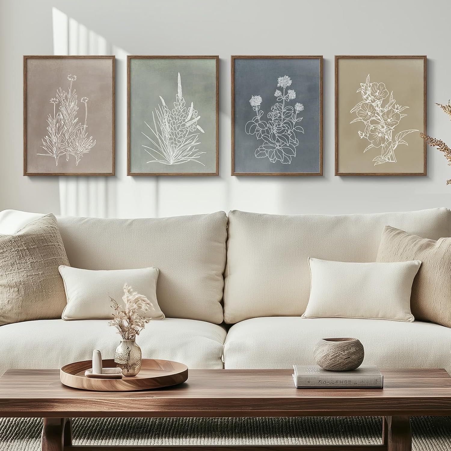 Skiennix Framed Boho Botanical Wall Art - 4 Piece Rustic Floral Canvas Set for Modern Decor