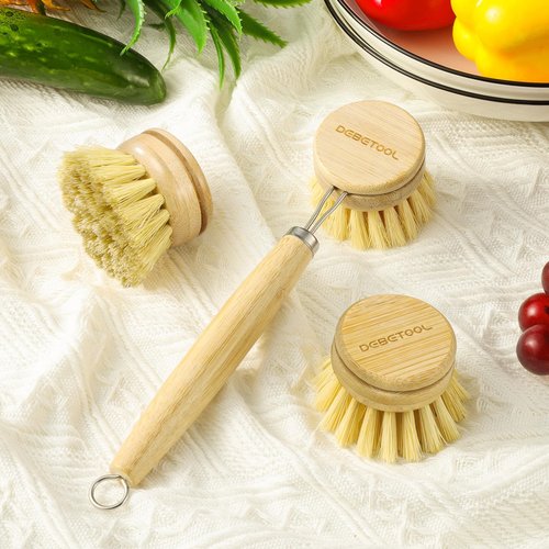 DEBETOOL Bamboo Pot Dish Brush,3 Pack Natural Wooden Scrub Brush with Sisal Fiber,Suitable for Dishes,Pans,Pot and Other Utensils-Sustainable,Kitchen Cleaning Brush with 2 Replacement Brush Heads