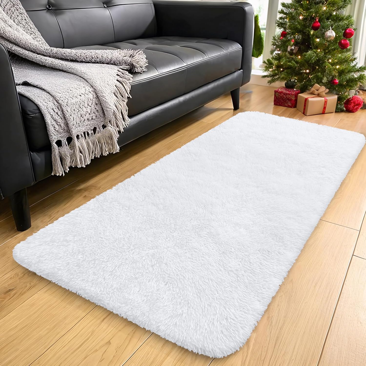 OLANLY Machine Washable Runner Rugs - Soft Fluffy Shaggy Indoor Carpet for Hallway & Bedroom | White