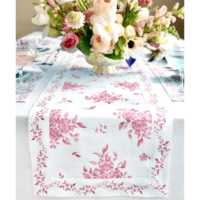 Solino Home Pink Floral Print Table Runner 48 inch - 100% Pure Linen Table Runner 14 x 48 Inch for Mothers Day, Spring, Summer - Handcrafted and Machine Washable - Jolie Fleur Print