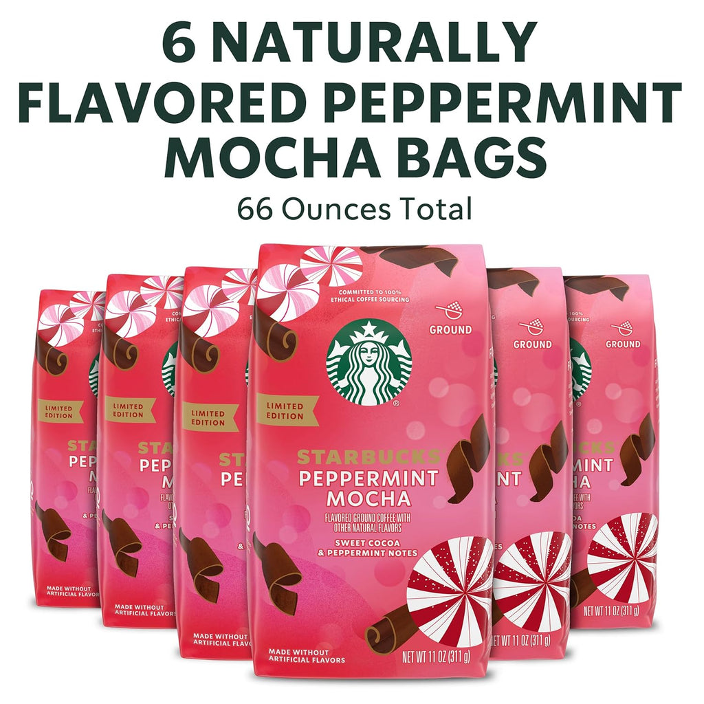 Starbucks Ground Coffee - Peppermint Mocha Flavor | 100% Arabica, Limited Holiday Edition, 6 Bags (11 Oz Each)