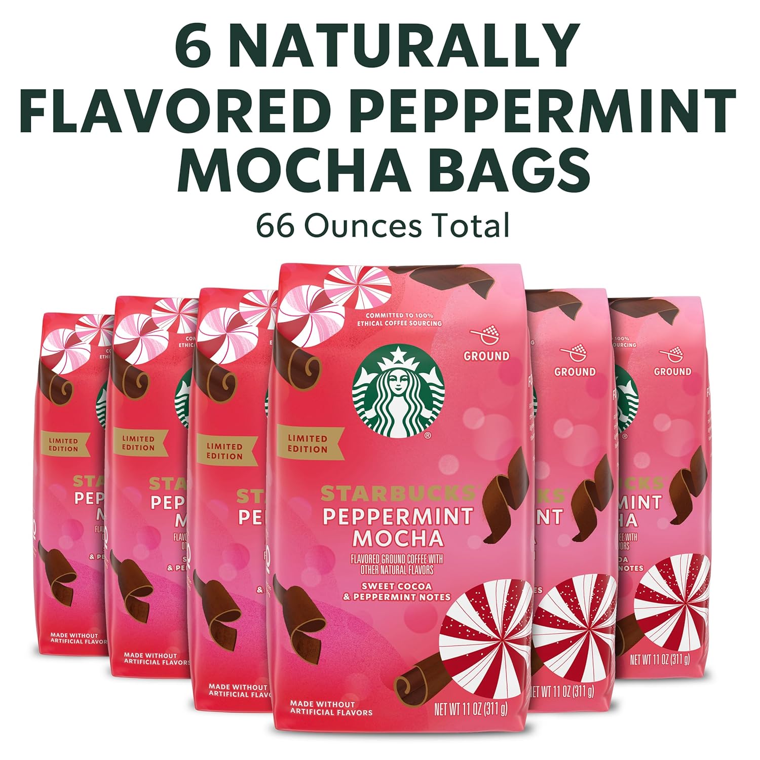 Starbucks Ground Coffee - Peppermint Mocha Flavor | 100% Arabica, Limited Holiday Edition, 6 Bags (11 Oz Each)