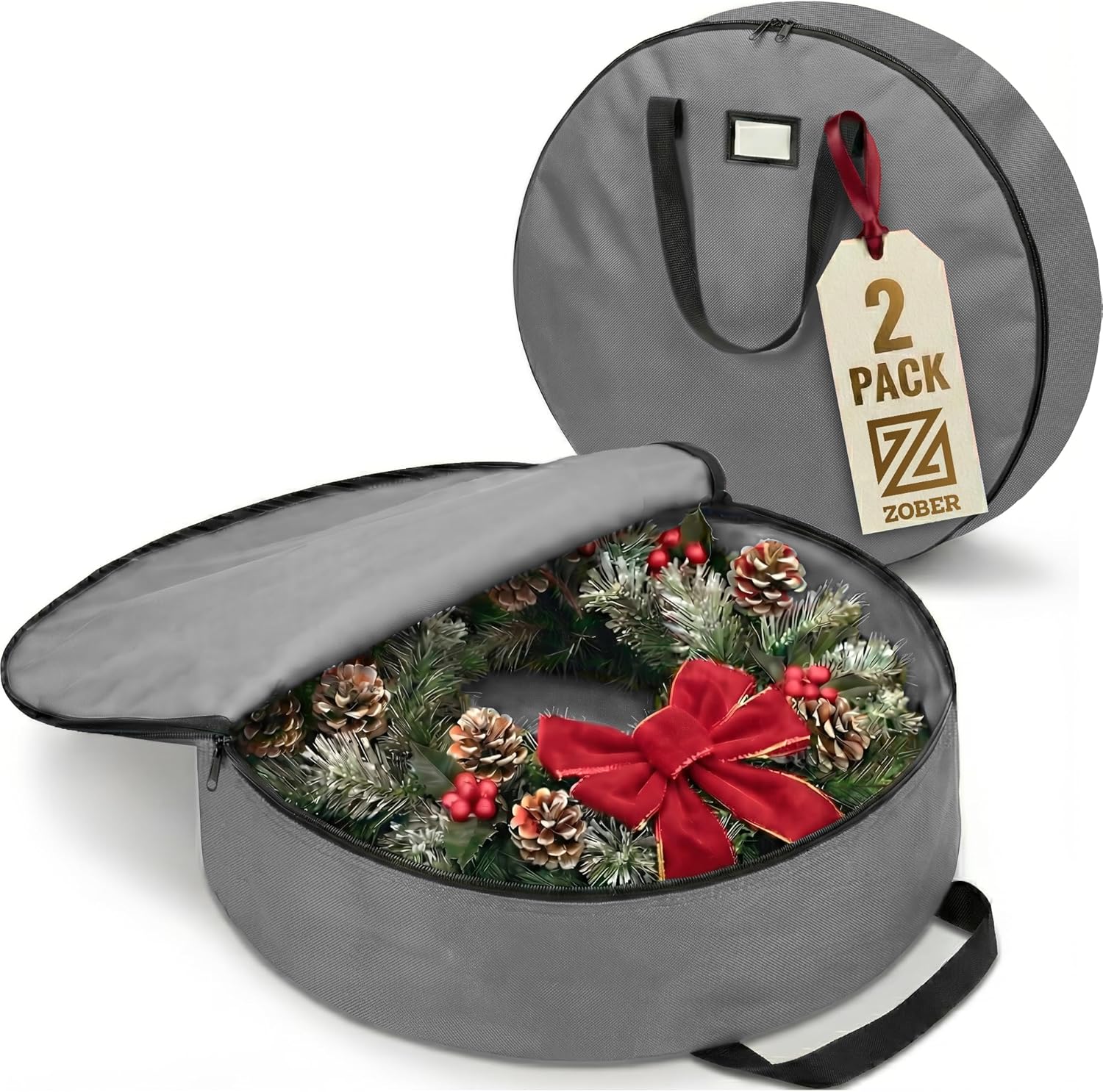 ZOBER Oxford Christmas Wreath Storage Container - 36 Inch Waterproof Bag with Dual Zippers & Durable Handles - Gray | 2 Pack