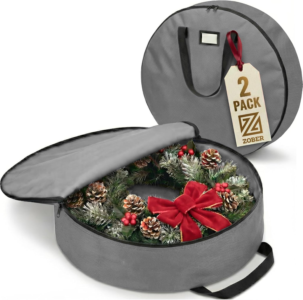 ZOBER 48-Inch Oxford Christmas Wreath Storage Container - Waterproof Dual-Zipper Bag with Durable Handles - Gray