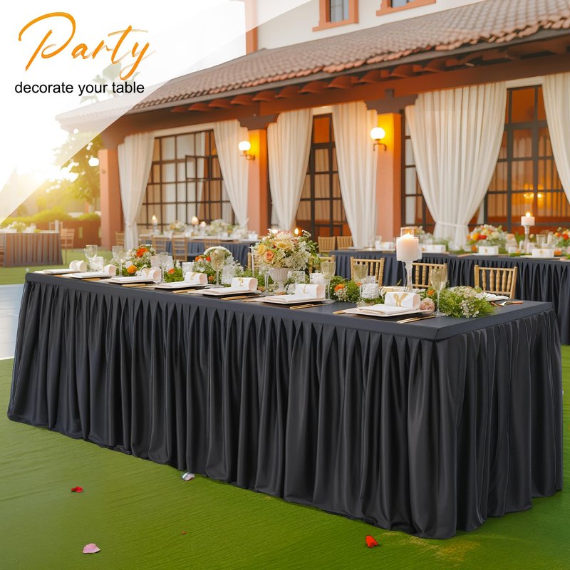 Party Talk 2 Packs Black Tableclothes for 8 Foot Rectangle Tables, Wrinkle Free Fitted Table Cloth 8ft Stretch Table Cover with Skirt for Parties Weddings Birthday Banquet Baby Shower