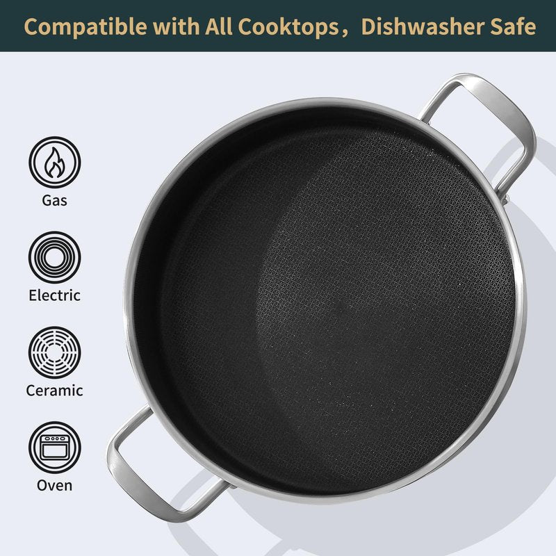 Yeksum Deep Frying Pan with Lid, 6 Quart Tri-Ply Hybrid Nonstick Stainless Steel Saute Pan, Compatible with All Cooktops Up to 600℉,12inch Saute Pan with Lid, Fast even Heat cookware, Rondeau Pot