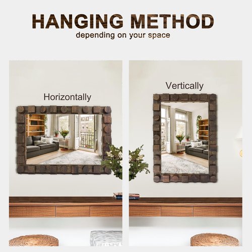AMOISE Wall Mirror with Rustic Wood Frame, 28"x20" Solid Wood Vanity Mirror for Bathroom, Bedroom, or Entryway, Vertical or Horizontal Mount