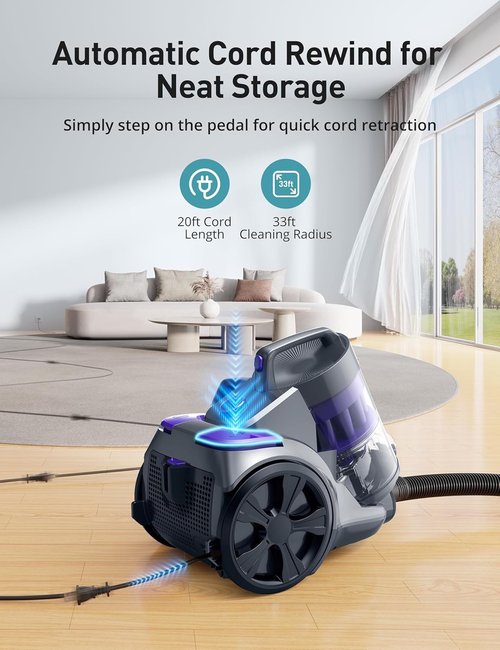 Aspiron 1700W Bagless Canister Vacuum Cleaner - Multi-Cyclonic Filtration & HEPA Filters | Purple