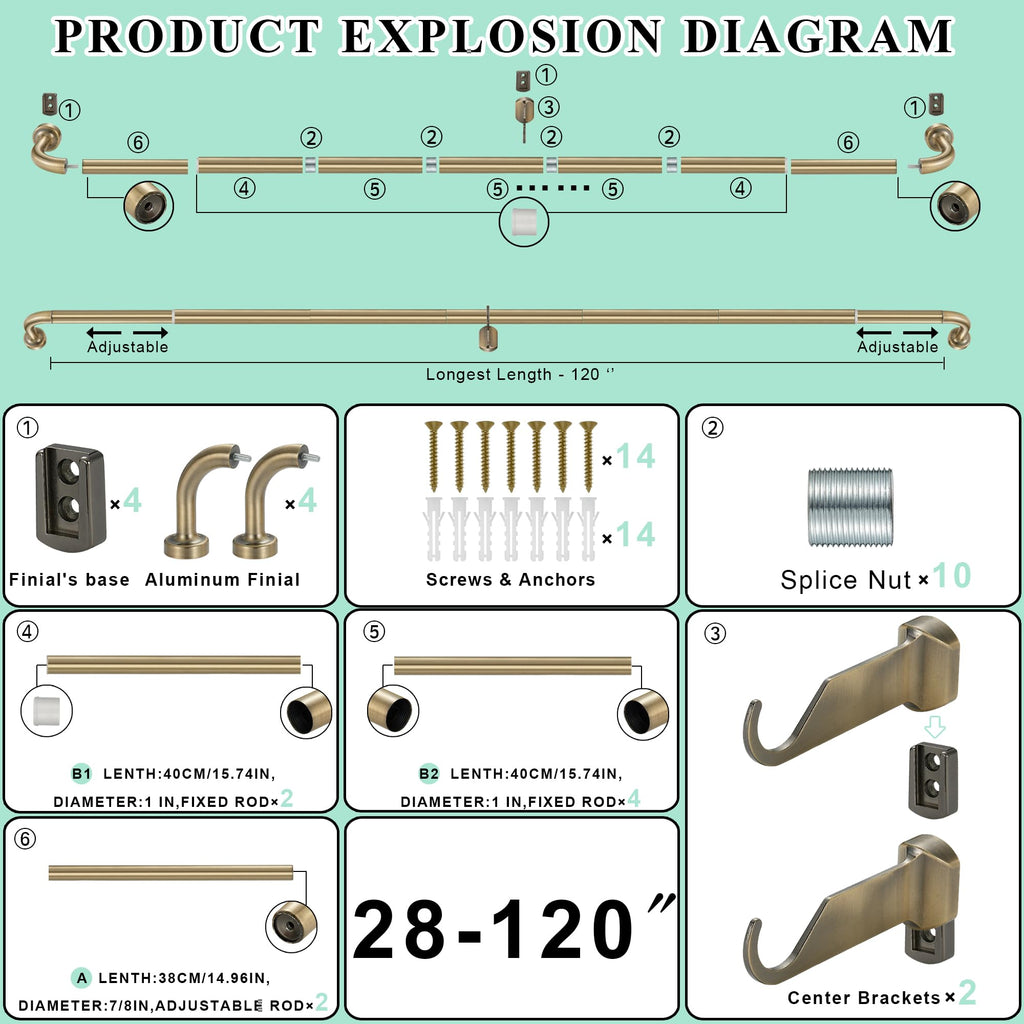 Lwiiom 2 Pack Wrap Around Curtain Rod for Windows 28-120", Internal Splicing 1 Inch Diameter Disc, Adjustable Room Darkening Curtain Rod with Aluminum Finials and Brackets, Antique Bronze