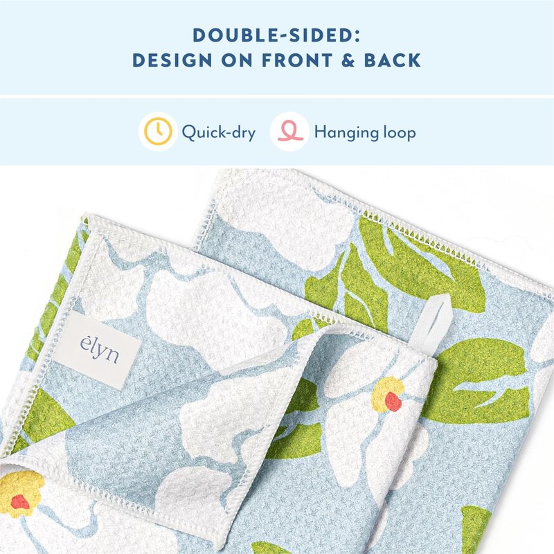 ELYN Microfiber Kitchen Dish Towel Set, Quick-Dry & Absorbent Waffle Weave Cleaning Towels, Set of 4 Kitchen Towels, Paper Towels Alternative (Magnolias & Stripe)