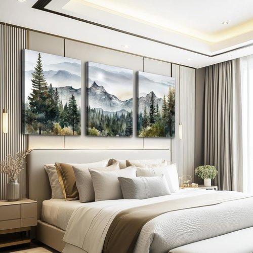 MHARTK66 Large Wall Art - Modern Abstract Mountain Forest Landscapes | 3-Piece Framed Canvas Set for Living Room & Office Decor