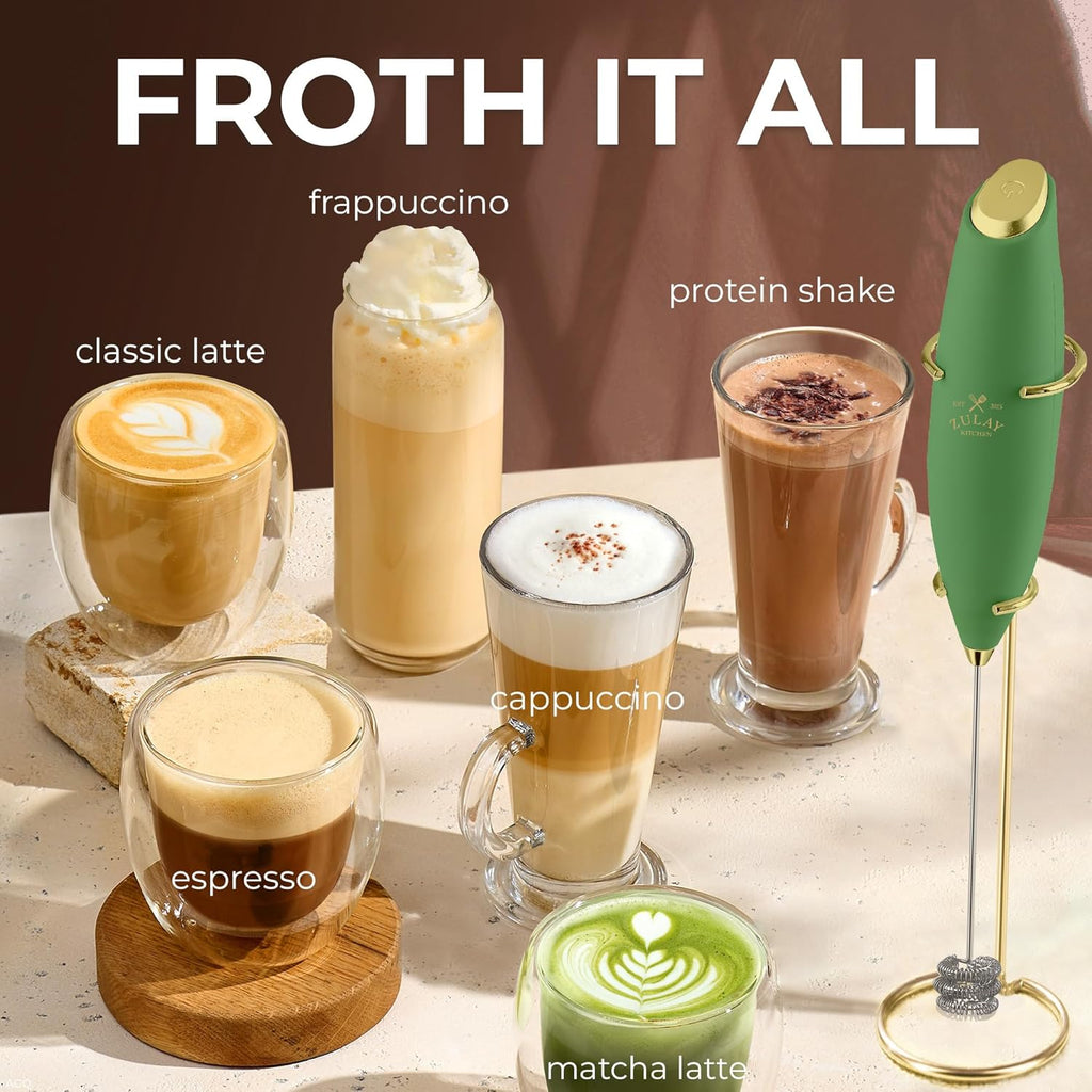 Zulay Kitchen Tornado Triple Whisk Milk Frother - Handheld Foam Maker for Coffee & Lattes - Olive & Gold Finish