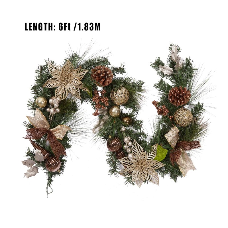 Fashionwu Gold Pre-lit Christmas Garland with Lights, 6 FT Lighted Xmas Garland with Golden Brown Bow-Knot Ball Decorations, Window Front Porch Door Fireplace Mantle Banister Decorations
