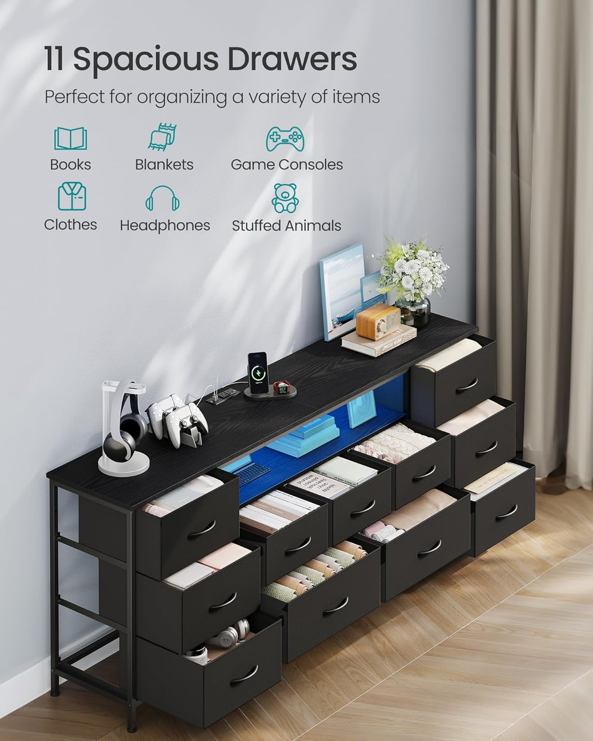 SONGMICS TV Stand - Modern Chest of Drawers for TVs Up to 70 Inches, 11 Drawers, Ink Black