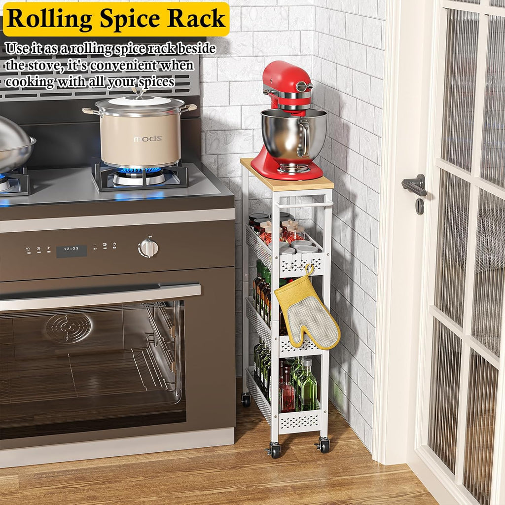 OKZEST Slim Rolling Storage Cart - 4 Tier Mobile Organizer with Wood Top for Kitchen & Laundry | Narrow Design