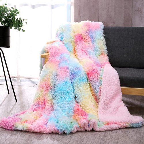 DANGTOP Fuzzy Faux Fur Throw Blanket, Tie Dye Fluffy Blanket, Super Soft Rainbow Blanket for Girls, Luxury Cozy Warm Plush Thick Sherpa Throws for Bed Couch Living Room (Rainbow, 50X60 inches)