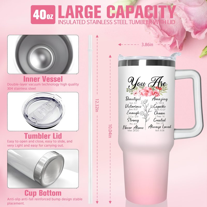 Christian Tumbler with Handle and Straw, 40 oz Vacuum Insulated Water Bottle Stainless Steel, Leak Proof Travel Mug, Inspirational Religious Belief Gifts for Her Women Girl Christmas Mothers Day