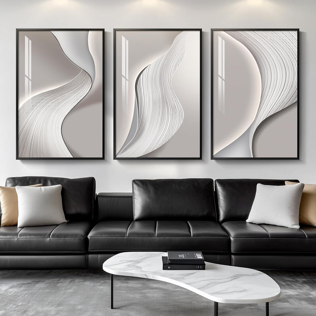 Skiennix Large Framed Modern Abstract Wall Art - Minimalist Silver Gray Prints for Living Room | 24x36 In