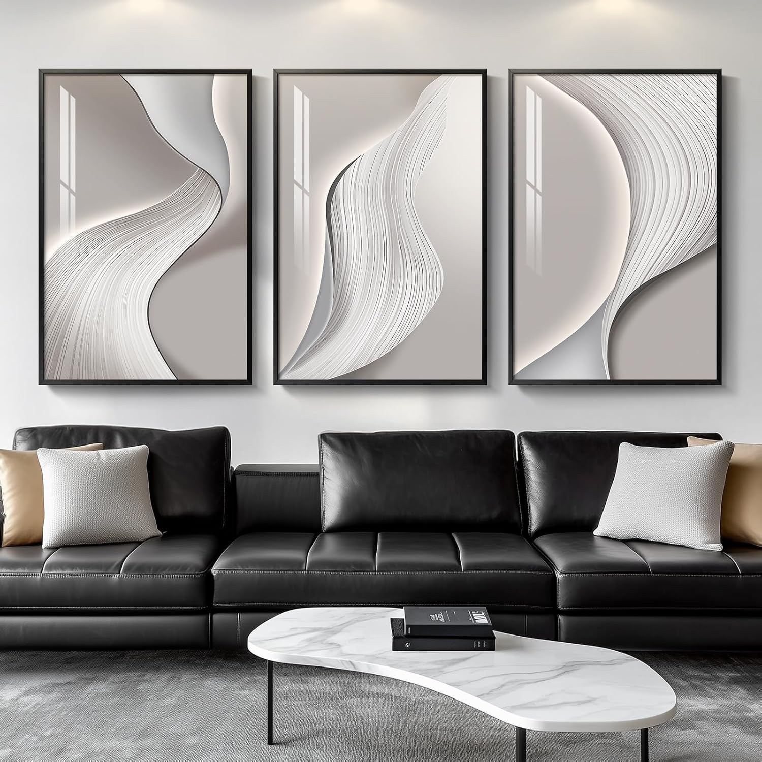 Skiennix Large Framed Modern Abstract Wall Art - Minimalist Silver Gray Prints for Living Room | 24x36 In